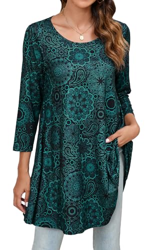 Enmain Tunika Damen Langarm Große Größen 3/4 Arm Longshirt Longbluse Paisley Bluse Shirt Oberteil Tops Elegant Lässig Türkis 2XL von Enmain