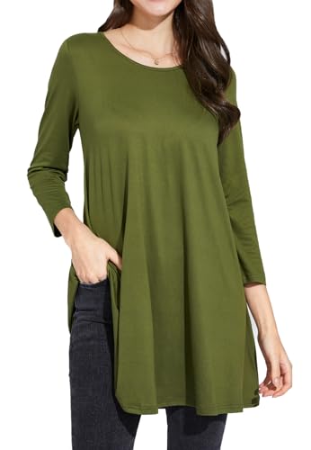 Enmain Tunika Damen Langarm Große Größen 3/4 Arm Olivgrün Longshirt Longbluse Einfarbig Bluse Oberteil Tops Elegant Lässig für Leggings L von Enmain