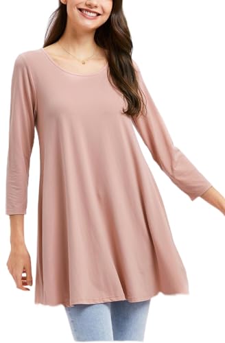 Enmain Tunika Damen Langarm Große Größen 3/4 Arm Rosa Longshirt Longbluse Einfarbig Bluse Oberteil Tops Elegant Lässig für Leggings L von Enmain