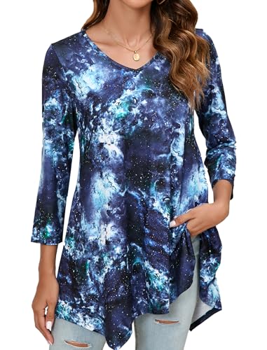 Enmain Langarm Tunika Damen 3/4 Ärmel Longbluse Oberteile Tunika Lang für Frauen V Ausschnitt Casual Damenblusen Tuniken,Dunkleblau,M von Enmain