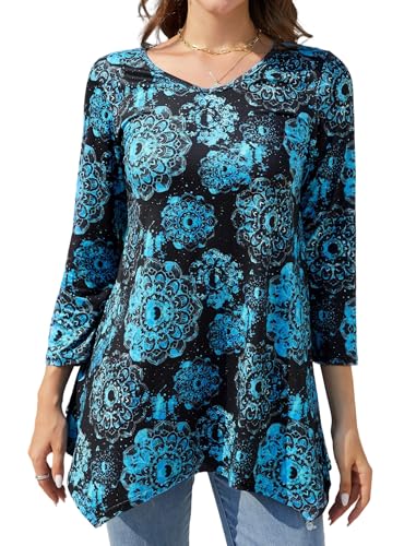 Enmain Tunika Damen Langarm Große Größen Damen Tunika 3/4 Ärmel Longbluse Tunika Lang für Frauen V Ausschnitt Casual Damenblusen Tuniken M von Enmain