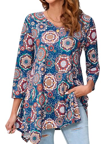 Enmain Tunika Damen Langarm Große Größen Elegant Longshirt 3/4 Ärmel Blusen & Tuniken für Damen Herbst Longbluse Oberteile Shirt für Frauen,Blau,2XL von Enmain