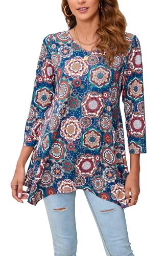 Enmain Tunika Damen Langarm Große Größen Elegant Longshirt 3/4 Ärmel Blusen & Tuniken für Damen Herbst Longbluse Oberteile Shirt für Frauen,Blau,3XL von Enmain