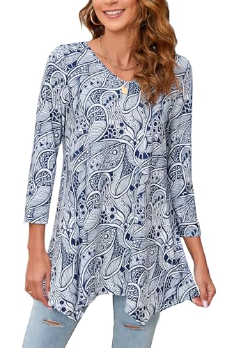 Enmain Tunika Damen Langarm Große Größen Elegant Longshirt 3/4 Ärmel Blusen & Tuniken für Damen Herbst Longbluse Oberteile Shirt für Frauen,Marineblau,2XL von Enmain