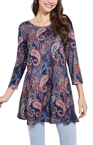 Enmain Tunika Damen Langarm Große Größen Herbst 3/4 Arm Bluse Shirt Paisley Longbluse Longshirt Tuniken Oberteil Elegant Lässig Lila M von Enmain