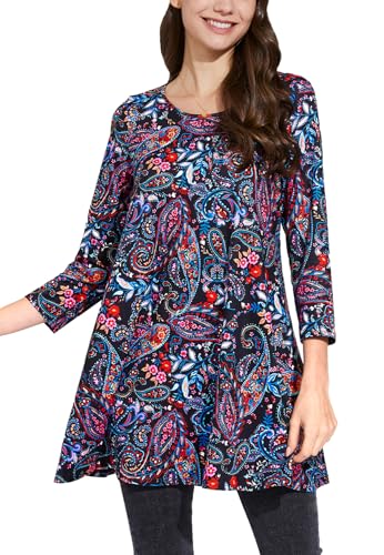 Enmain Tunika Damen Langarm Große Größen Herbst 3/4 Arm Bluse Shirt Schwarz Paisley Longbluse Longshirt Tuniken Oberteil Elegant Lässig S von Enmain