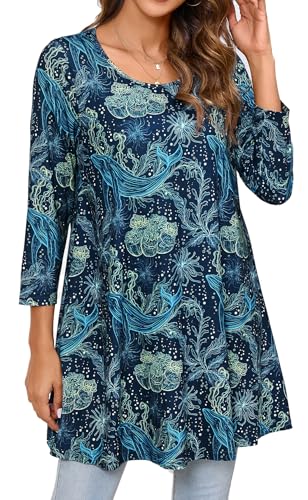 Enmain Tunika Damen Langarm Große Größen Herbst 3/4 Arm Blusen Tuniken Tops Für Frauen Longshirt Longbluse Oberteil Elegant Lässig Blau Wal 5XL von Enmain