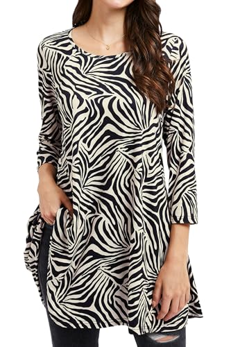 Enmain Tunika Damen Langarm Große Größen Herbst 3/4 Arm Blusen Tuniken Tops Für Frauen Longshirt Longbluse Oberteil Lässig Zebra Schwarz & Weiß 3XL von Enmain