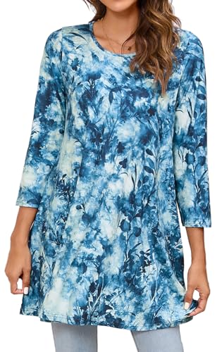 Enmain Tunika Damen Langarm Große Größen Herbst 3/4 Arm Longshirt Bluse Blau Blumen Longbluse Shirt Oberteil Tops Elegant Lässig XL von Enmain