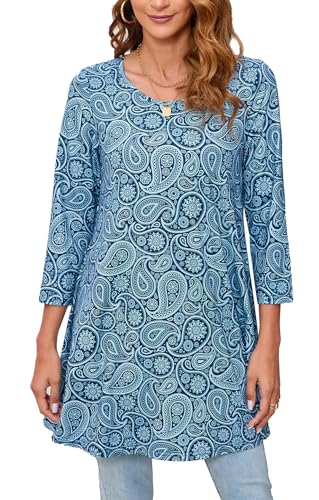 Enmain Tunika Damen Langarm Große Größen Herbst 3/4 Arm Longshirt Longbluse Paisley Bluse Shirt Oberteil Tops Elegant Lässig Blau 3XL von Enmain