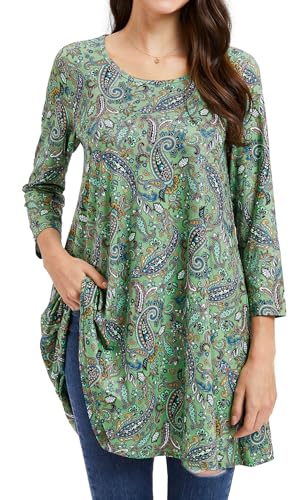 Enmain Tunika Damen Langarm Große Größen Herbst 3/4 Arm Longshirt Longbluse Paisley Bluse Shirt Oberteil Tops Elegant Lässig Salbeigrün 3XL von Enmain