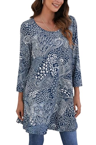 Enmain Tunika Damen Langarm Große Größen Lange Oberteile für Frauen Elegant 3/4 Ärmel Longshirt Gemustertes Tuniken Rundhals Tops Bunt T Shirt,Blau,4XL von Enmain