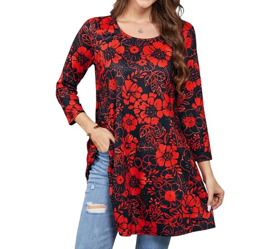 Enmain Tunika Damen Langarm Große Größen Lange Oberteile für Frauen Elegant 3/4 Ärmel Longshirt Gemustertes Tuniken Rundhals Tops Schwarz und Rot T Shirt 4XL von Enmain