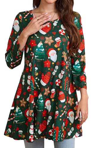 Enmain Tunika Damen Langarm Große Größen Weihnachten 3/4 Arm Longshirt Longbluse Weihnachtstunika Bluse Shirt Oberteil Festlich Lässig Grün L von Enmain