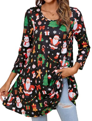 Enmain Tunika Damen Langarm Große Größen Weihnachten 3/4 Arm Longshirt Longbluse Weihnachtstunika Bluse Shirt Oberteil Festlich Lässig Schwarz 3XL von Enmain