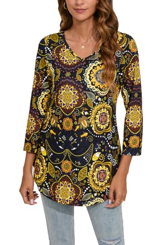 Enmain Tunika Damen Langarm Longbluse Slim fit Tops V Ausschnitt 3/4 Ärmel Große Größen Gemusterte Top Elegant T Shirt Tuniken Oberteile für Frauen Schwarz & Braun 2XL von Enmain