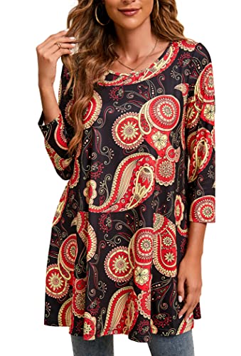 Enmain Damen Tunika Langarm Große Größen Elegant Blusen Tuniken Für Frauen Weihnachten Festliche Bluse Long Paisley Oberteil Shirt,Schwarz & Orange,L von Enmain