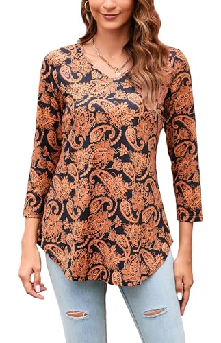 Enmain Tunika Damen Langarm Tops Slim Fit Longbluse Große Größen V Ausschnitt Blümchen Gemusterte Top 3/4 Ärmel Elegant T Shirt Tuniken Oberteile,Orange,2XL von Enmain