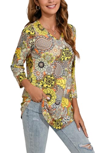 Enmain Tunika Damen Langarm Tops Slim Fit Longbluse Große Größen V Ausschnitt Gemusterte Top 3/4 Ärmel Elegant T Shirt Tuniken Oberteile für Frauen Gelb XL Enmain Tunika Damen Langarm Tops Slim Fit Longbluse Große Größen V Ausschnitt Gemusterte Top 3/4 Ärmel Elegant T Shirt Tuniken Oberteile für Frauen Gelb XL von Enmain