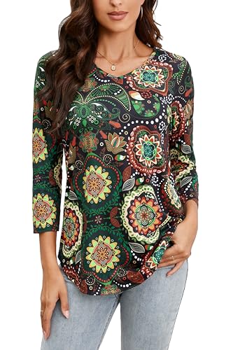 Enmain Tunika Damen Langarm Tops V Ausschnitt Longbluse Große Größen Gemusterte Top 3/4 Ärmel Elegant T Shirt Tuniken Oberteile für Frauen Mehrfarbig 1 L von Enmain