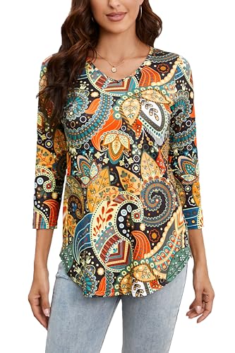 Enmain Tunika Damen Langarm Tops V Ausschnitt Longbluse Große Größen Gemusterte Top 3/4 Ärmel Elegant T Shirt Tuniken Oberteile für Frauen Mehrfarbig 2 3XL von Enmain