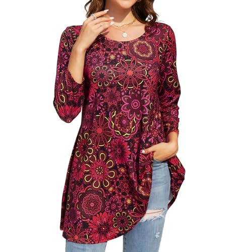 Enmain Tunika Damen Langarm Tunika Blusen Longline Blumen Lockere Longshirt Damen Casual Elegante Rundhals Swing Tops Rot Tuniken XXL von Enmain