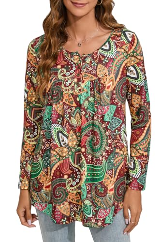 Enmain Tunika Damen Langarm Übergröße Tunika Oberteile Lose Tunika Damen Bluse V-Ausschnitt Shirts Bluse mit Knöpfen Blumendruck Damen Blusen,L1-Burgund/Braun,3XL von Enmain