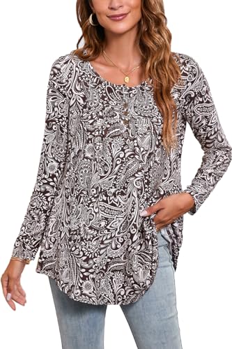 Enmain Tunika Damen Langarm Übergröße Tunika für Leggings Longline Damen V-Ausschnitt Bluse Lose T-Shirt Bluse mit Knöpfen Blumendruck T-Shirt,L1-Braun 2,L von Enmain