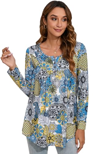 Enmain Tunika Damen Langarm V-Ausschnitt Tunika Oberteile Lose Tunika Damen Bluse Übergröße Shirts Bluse mit Knöpfen Blumendruck Damen Blusen,L1-Blau/Weiß,XL von Enmain