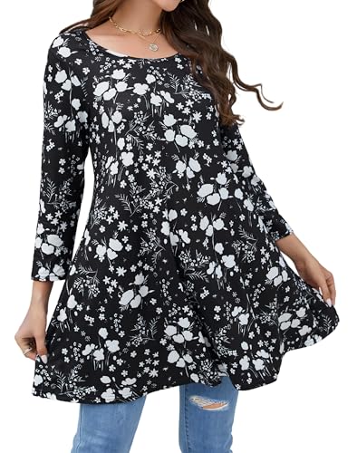 Enmain Tunika Damen Schwarz und weiß Langarm Große Größen Lange Oberteile für Frauen Elegant 3/4 Ärmel Longshirt Gemustertes Tuniken Rundhals Tops T Shirt XXL von Enmain