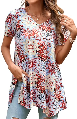 Enmain Tunika Damen Sommer Große Größen Damen Tuniken Kurzarm Beige Oberteile Lang für Frauen V Ausschnitt Boho Blumen Casual Elegant Damenblusen 3XL von Enmain