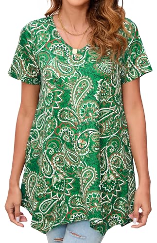 Enmain Tunika Damen Sommer Große Größen Elegant Kurzarm Oberteile V Ausschnitt Blusen & Tuniken für Damen Kurzärmlige T Shirts für Frauen,Grün,M von Enmain