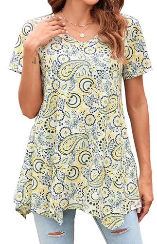 Enmain Tunika Damen Sommer Große Größen Elegant Kurzarm Orange Oberteile V Ausschnitt Blusen & Tuniken für Damen Kurzärmlige T Shirts für Frauen Gelb M von Enmain