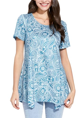 Enmain Tunika Damen Sommer Kurzarm Große Größen Blaue Paisley T Shirts Bluse Elegante Longbluse Longshirt Oberteile Tops Lässig 2XL von Enmain