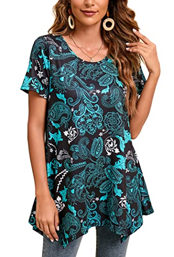 Enmain Tunika Damen Sommer Kurzarm Longshirt Locker Große Größen 3/4 Ärmel Bluse Tuniken Top Longbluse Oberteil Mit Aufdruck Für Lässig Festliche,Türkis,S von Enmain