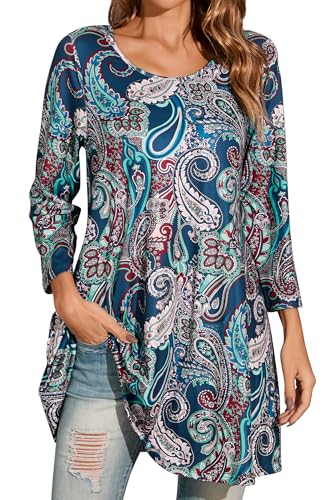 Enmain Tunika Damen T Shirt Langarm Bluse Tops Paisley Oberteile Longshirt 3/4 ärmel Locker Tops Tuniken Casual Blusen Shirts Große Größen Frühling Herbst M von Enmain