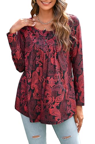 Enmain Tunika Damen V-Ausschnitt Lose Tunika Damen Langarm Bluse Übergröße Bluse mit Knöpfen Blumendruck T-Shirt,L4-Rot/Schwarz,2XL von Enmain