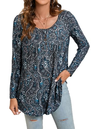 Enmain Tunika Damen V-Ausschnitt Lose Tunika Damen Langarm Bluse Übergröße Bluse mit Knöpfen Blumendruck T-Shirt,L4-Schwarz/Blau,3XL von Enmain