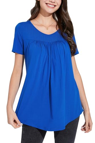 Enmain Tunika-Oberteile für Damen, lässig, V-Ausschnitt, kurzärmelig, Damen-Blumenhemden, lockeres, Plissiertes Oberteil, Bluse für den Sommerurlaub, Blau, 2XL von Enmain