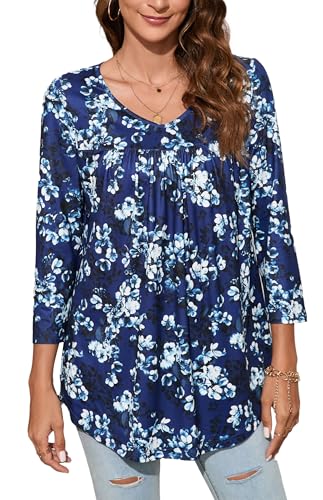 Enmain Tunika-Oberteile für Damen 3/4-Langarm lässig V-Ausschnitt Tuniken Damen Blumen Oberteil lockeres Plissee Oberteil Bluse für Leggings Marineblau 3XL von Enmain