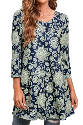 Enmain Damen Tunika Langarm Große Größen Elegant Blusen Tuniken Für Frauen Weihnachten Festliche Bluse Long Paisley Oberteil Shirt,Marineblau & Cremeweiß,XXL von Enmain