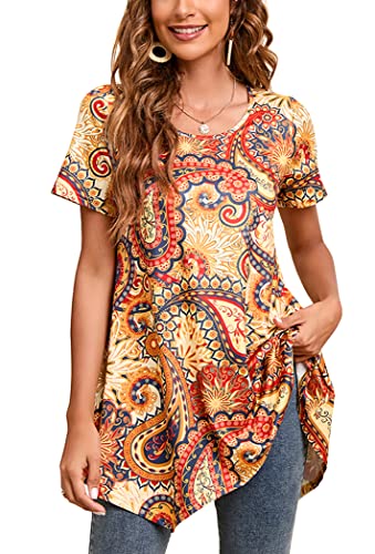 Enmain Tunika Damen Sommer Kurzarm Longshirt Locker Große Größen 3/4 Ärmel Bluse Tuniken Top Longbluse Oberteil Mit Aufdruck Für Lässig Festliche,Gelb,L von Enmain