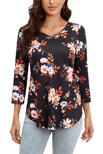 Enmain Tunika Tops Damen Langarm V Ausschnitt Longbluse Große Größen Gemusterte Top 3/4 Ärmel Elegant T Shirt für Frauen Tuniken Oberteile Schwarz 2XL von Enmain