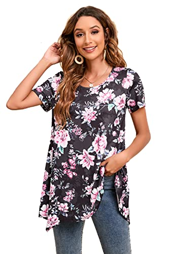 Enmain Tunika Damen Sommer Kurzarm Longshirt Locker Große Größen 3/4 Ärmel Bluse Tuniken Top Longbluse Oberteil Mit Aufdruck Für Lässig Festliche,Schwarz & Rosa,XL von Enmain