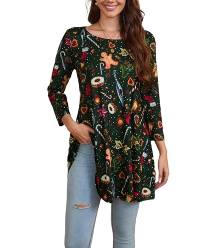 Enmain Weihnachten Tunika Damen Casual Longbluse Damen Langarm Elegante Locker Rundhals Oberteile 3/4 ärmel Top Grün XL von Enmain