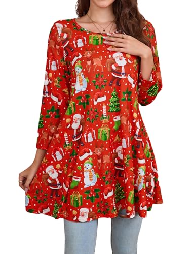 Enmain Weihnachts Tunika Damen Langarm Rot Oberteil Weihnachten 3/4 Ärmel Große Größen Tunika Bluse Weihnachtsbluse Lustig Longshirt Damen Lässig für Leggings Weihnachtsmotiv T-Shirts XL von Enmain