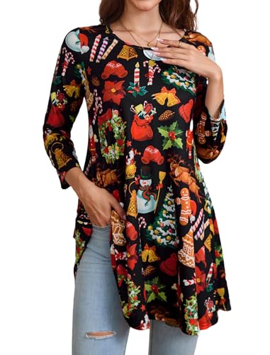 Enmain Weihnachts Tunika Damen Langarm Schwarze Oberteil Weihnachten 3/4 Ärmel Große Größen Tunika Bluse Weihnachtsbluse Lustig Longshirt Damen Lässig für Leggings Weihnachtsmotiv T-Shirts XL von Enmain