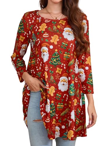 Enmain Weihnachts Tunika Damen Langarm Dunkelrot Oberteil Weihnachten 3/4 Ärmel Große Größen Tunika Bluse Weihnachtsbluse Lustig Longshirt Damen Lässig für Leggings Weihnachtsmotiv T-Shirts S von Enmain