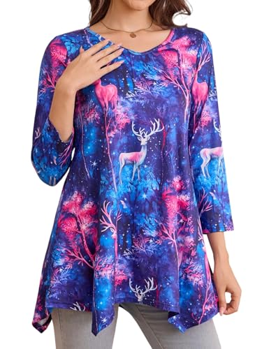 Enmain Weihnachts Tunika Damen Langarm V Ausschnitt Weihnachten Tuniken Damen 3/4 Ärmel Weihnachtsbluse Longshirt Große Größen für Frauen Blau 3XL von Enmain