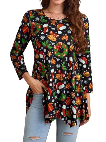 Enmain Weihnachts Tunika Damen Langarm V Ausschnitt Weihnachtsbluse Damen 3/4 Ärmel Longbluse Große Größen Weihnachts Longshirt Oberteile für Frauen Tunika Weihnachten Schwarz M von Enmain